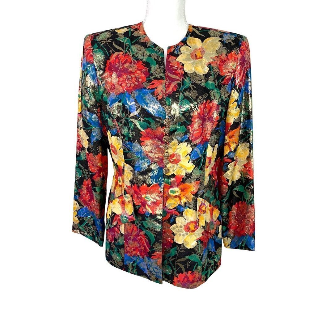 Custom Made Silk Blazer Womens Vintage Metallic Floral Button Front Shoulder Pad